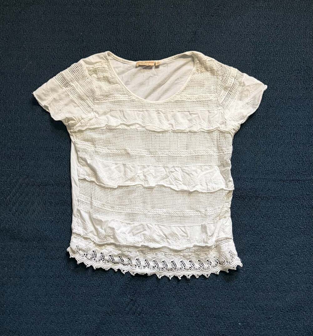 NWT Joie Ivory Rafel Fringed Open Stitch Cotton Top Size S Small